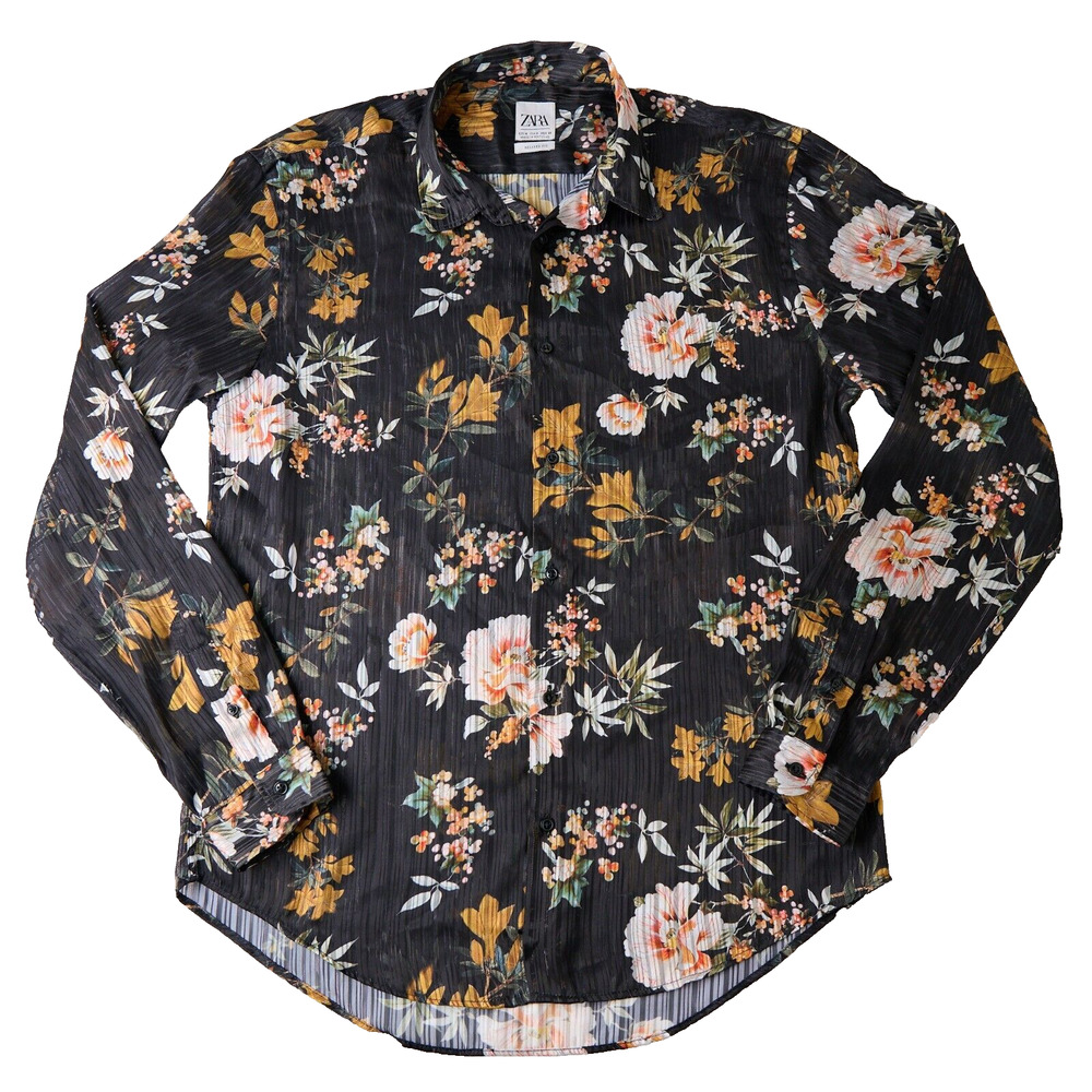 Zara Womens Medium Black Floral Button-Up Relaxed Fit Dark Academia Boho Chic
